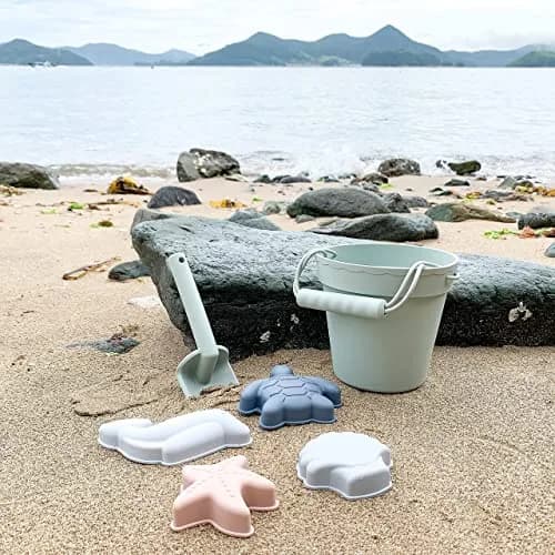 BLUE GINKGO Silicone Beach Toys, 7-Piece Sand Toy Set, Green | Soft, Flexible & Travel Ready for Kids thumbnail 9