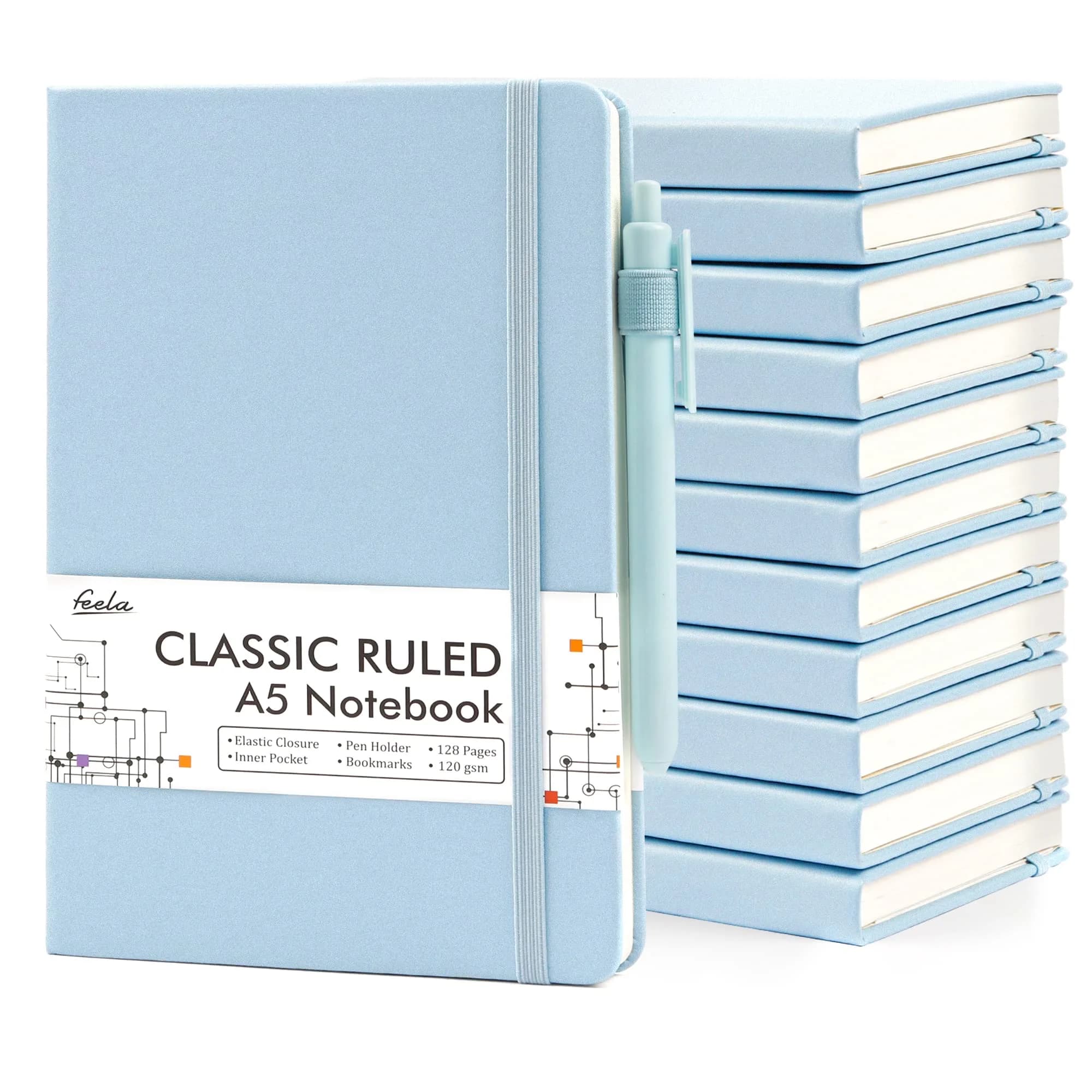 Feela 12 Pack Hardcover Notebooks Light Blue | Classic Ruled Lined Journals with Pen Holder (5.1”x8.3” | A5)