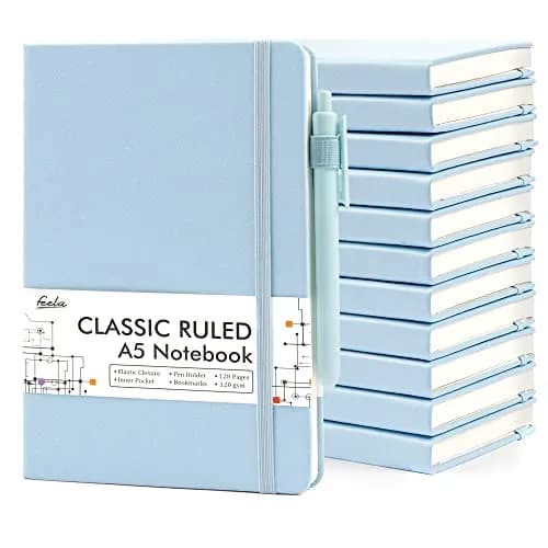 Feela 12 Pack Hardcover Notebooks Light Blue | Classic Ruled Lined Journals with Pen Holder (5.1”x8.3” | A5) thumbnail 1