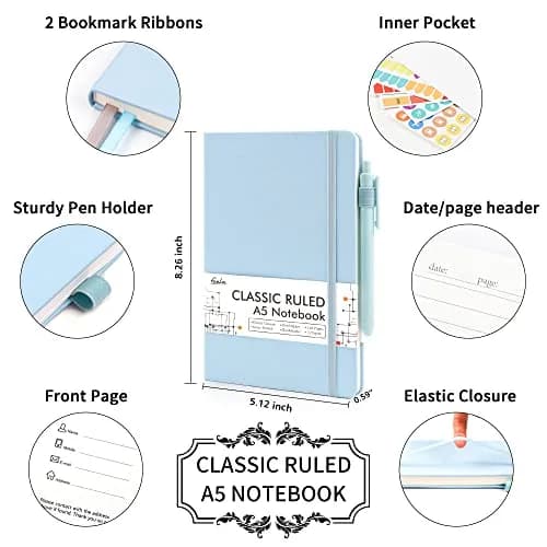 Feela 12 Pack Hardcover Notebooks Light Blue | Classic Ruled Lined Journals with Pen Holder (5.1”x8.3” | A5) thumbnail 2