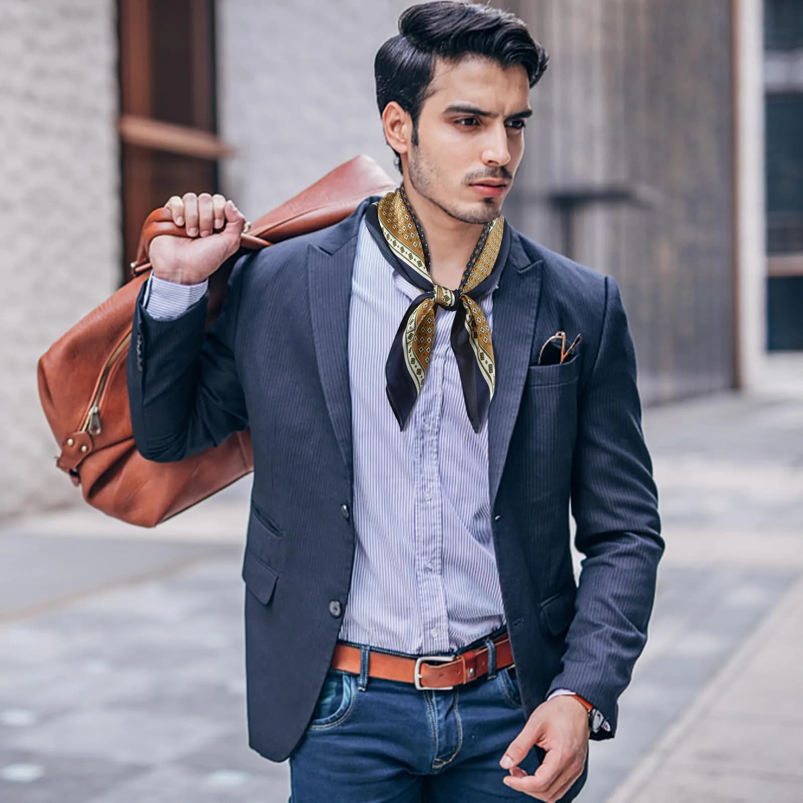 GERINLY Silk Neckerchief Men Neck Scarf Cravat Blue Ascot Ties Bandana 70cm (27.5 inches) | Classic Plaid Design for Suave Style - view 4