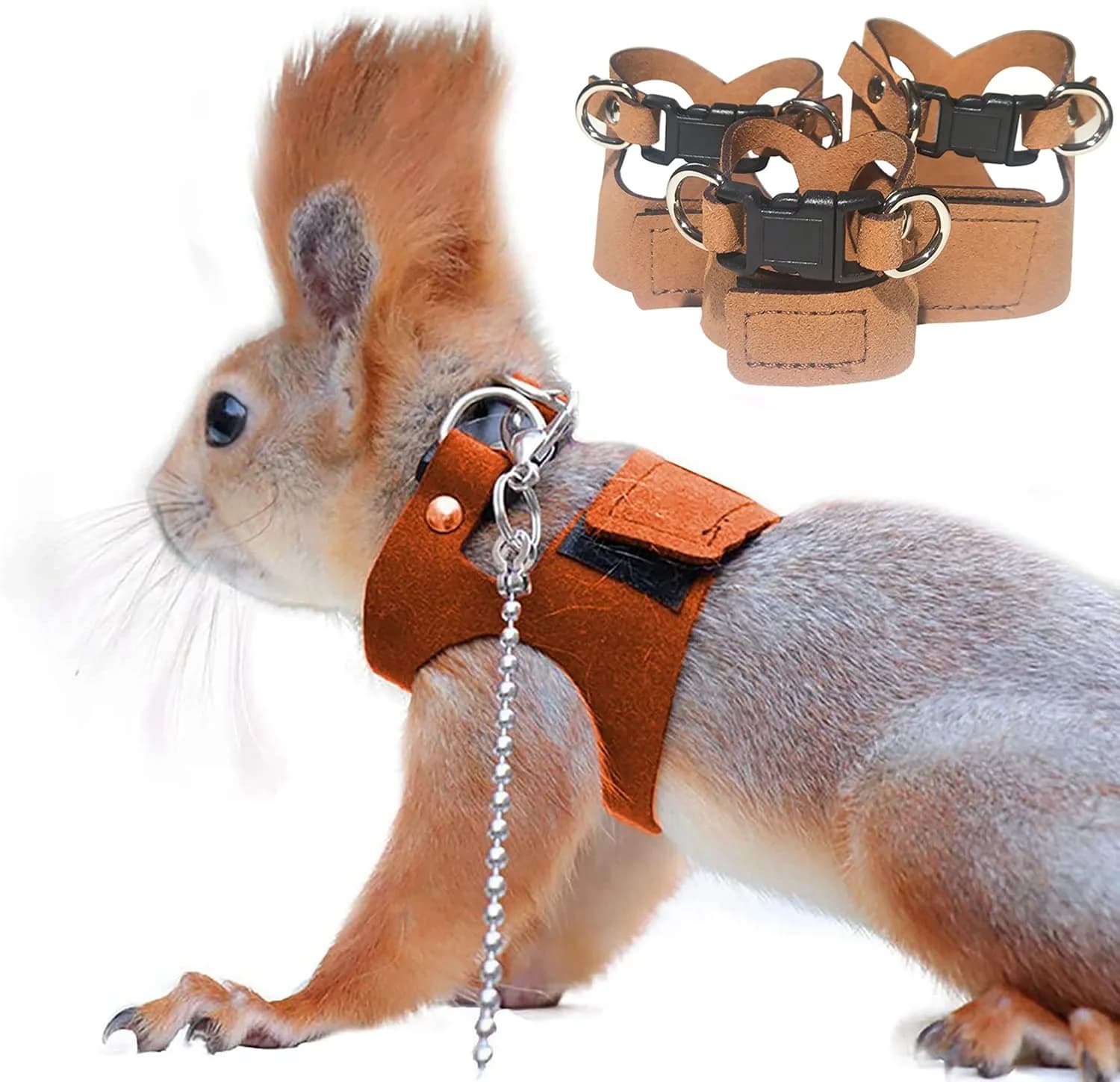 HAICHEN TEC 3 Pack Squirrel Harness and Leash Set - Adjustable Leather & Stainless Steel, Brown | Small Animal Training Vest (70-120c) — Brown