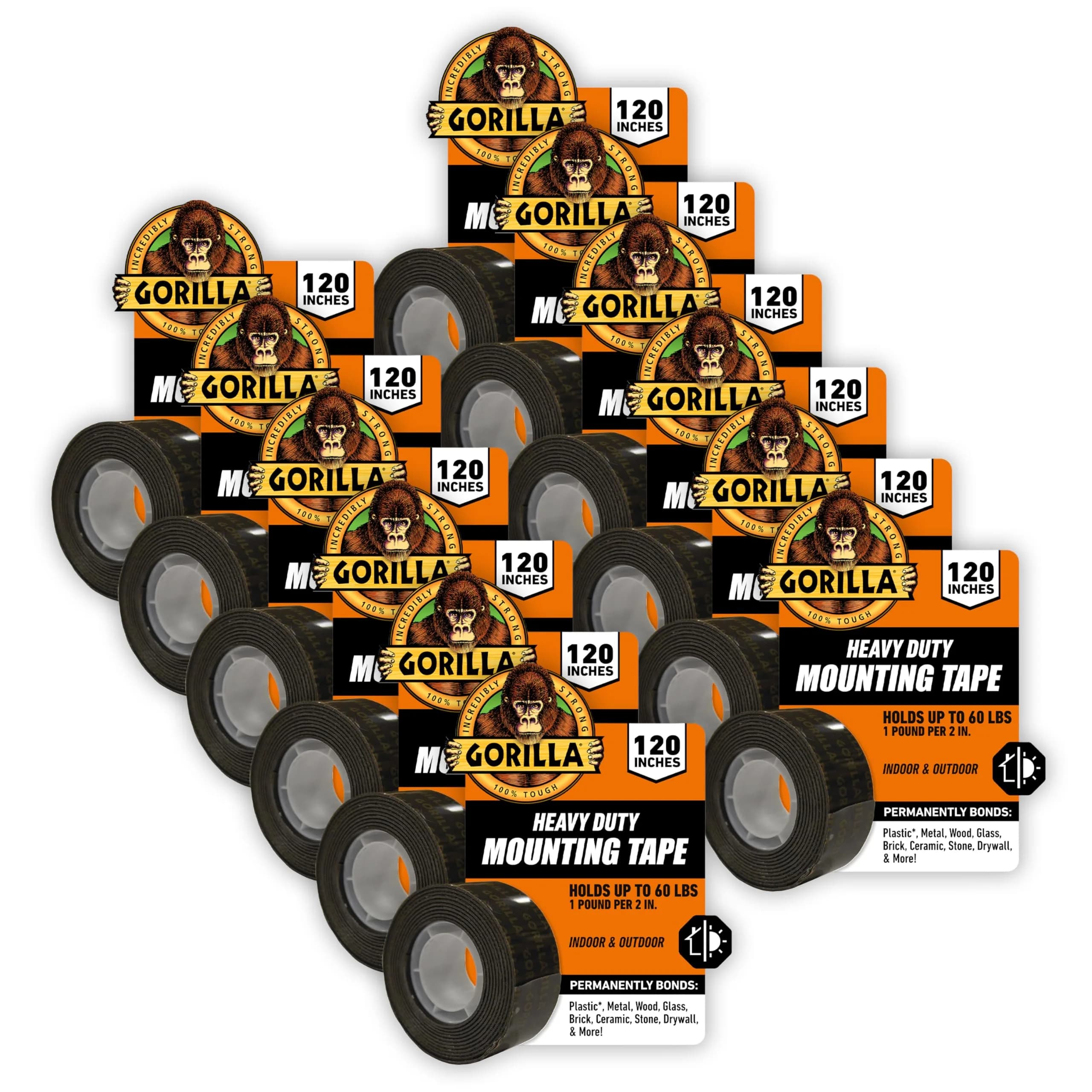 Gorilla Heavy Duty Double Sided Mounting Tape 1" x 120" (12-Pack, Clear) | Weatherproof Industrial Strength — 1" x 120"