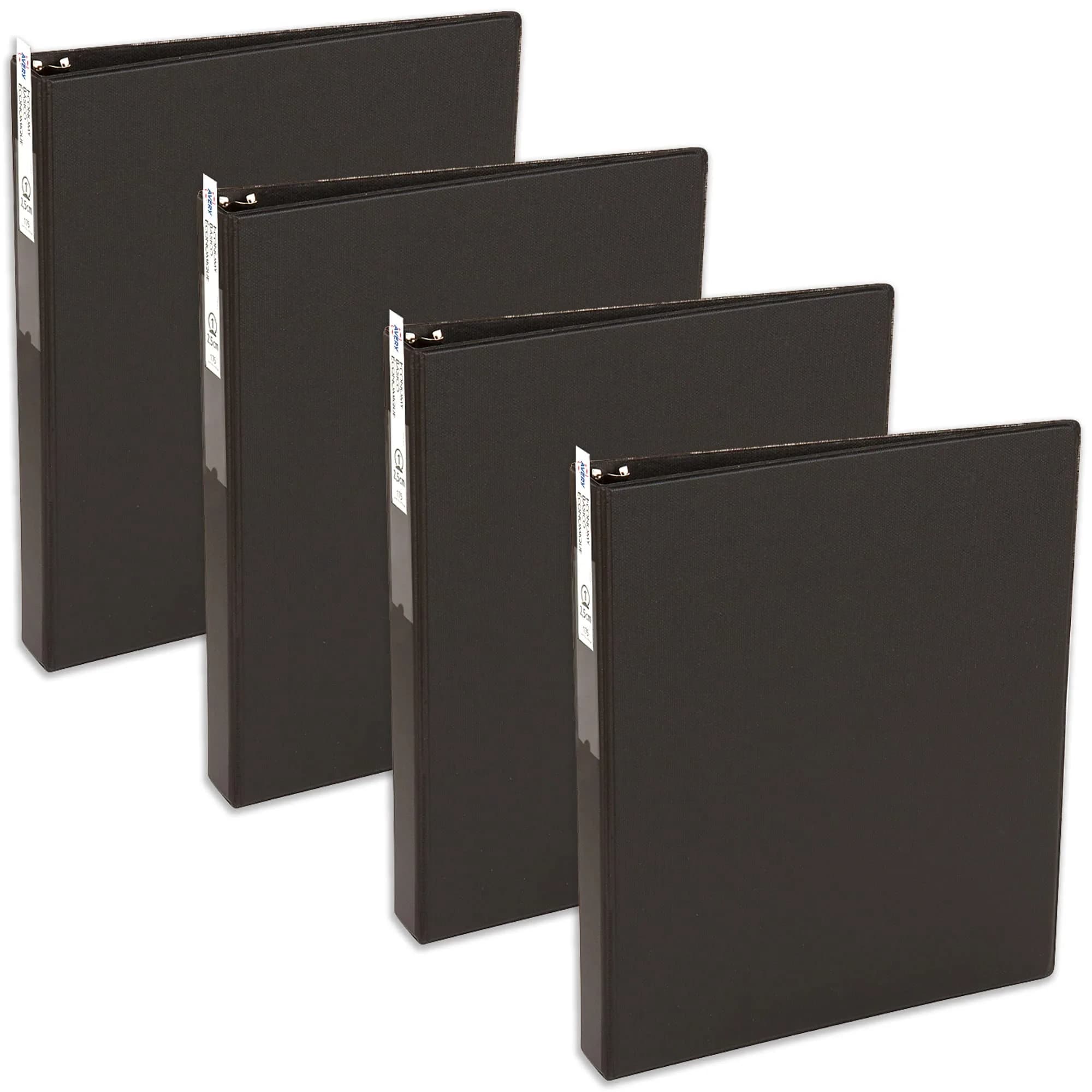 Avery Standard 3 Ring Binder, 1" Round Rings, 4 Black Binders | 175 Sheet Capacity, Tear-Resistant Cover — Black