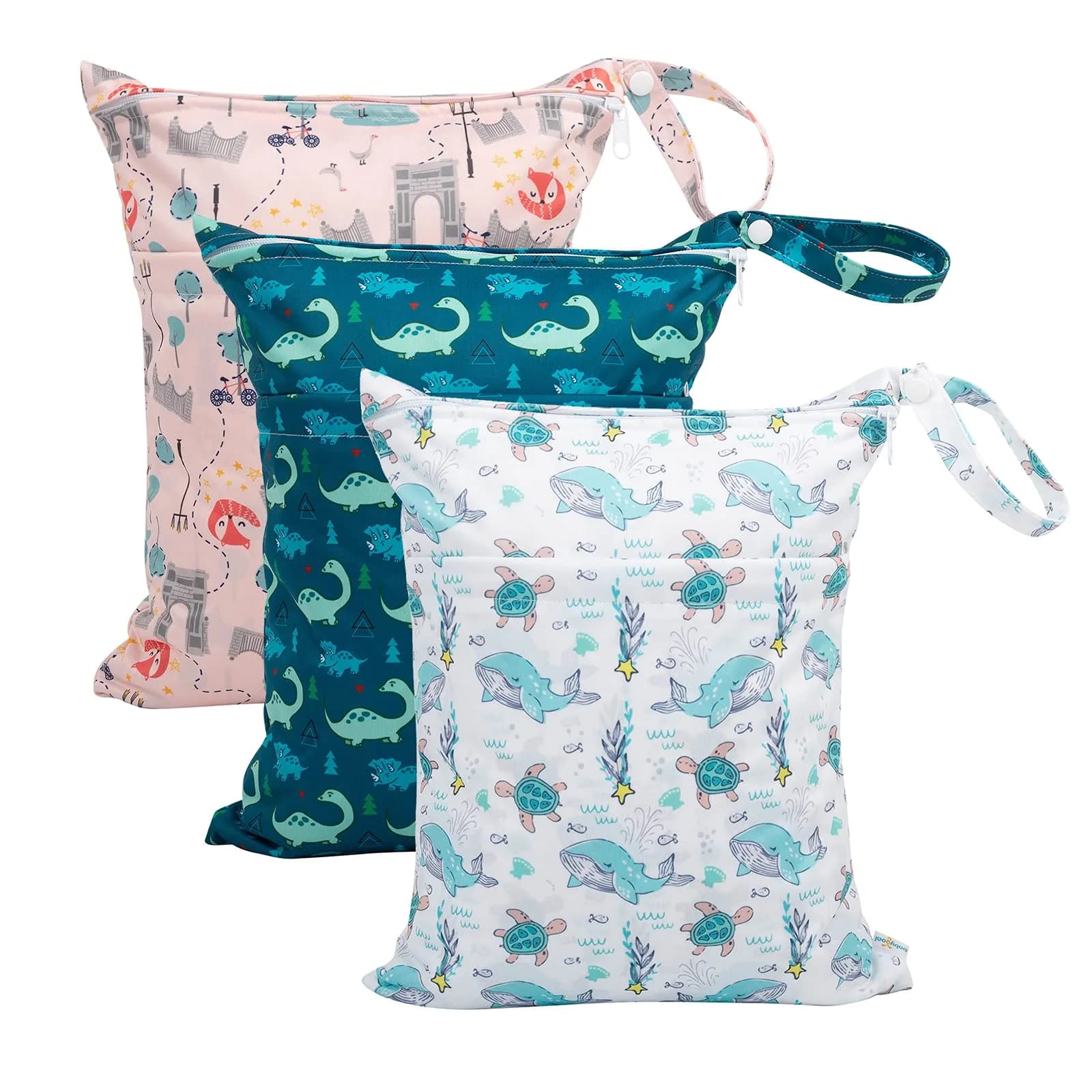 babygoal Wet Dry Bags 3 Pack | Waterproof Cloth Diaper Travel Bags with Two Zippered Pockets — dolphin & dinosaur