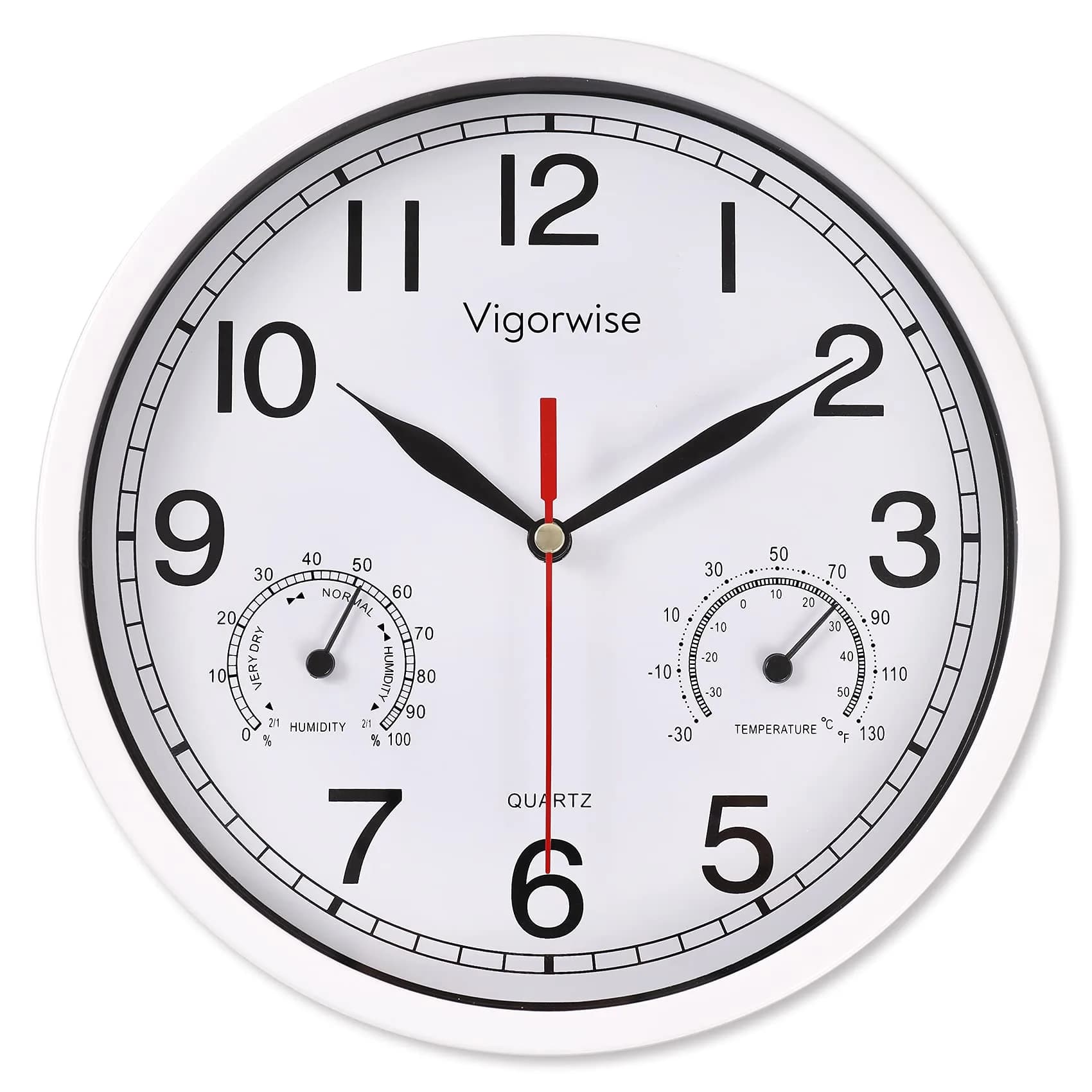 Vigorwise 8 Inch White Wall Clock Sweep Silent Wall Clocks with Temperature — White / 8 inches