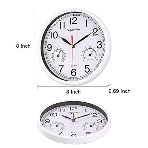 Vigorwise 8 Inch White Wall Clock Silent Wall Clocks with Temperature | Modern Home Decor with Thermo-Hygrometer thumbnail 4