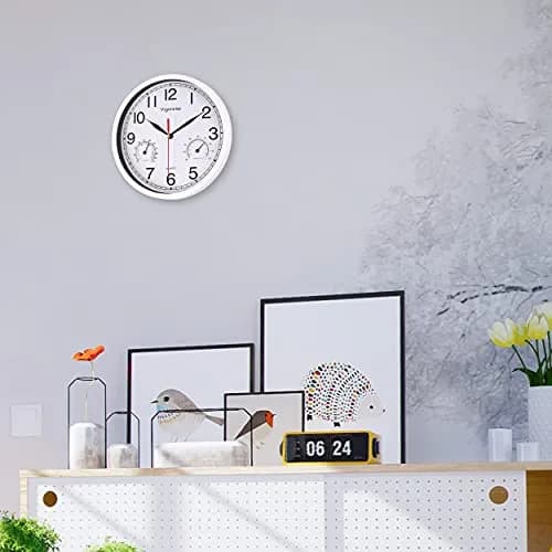 Vigorwise 8 Inch White Wall Clock Silent Wall Clocks with Temperature | Modern Home Decor with Thermo-Hygrometer thumbnail 5