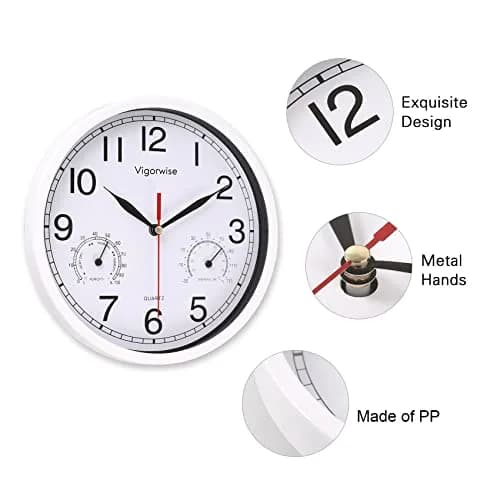 Vigorwise 8 Inch White Wall Clock Silent Wall Clocks with Temperature | Modern Home Decor with Thermo-Hygrometer thumbnail 3