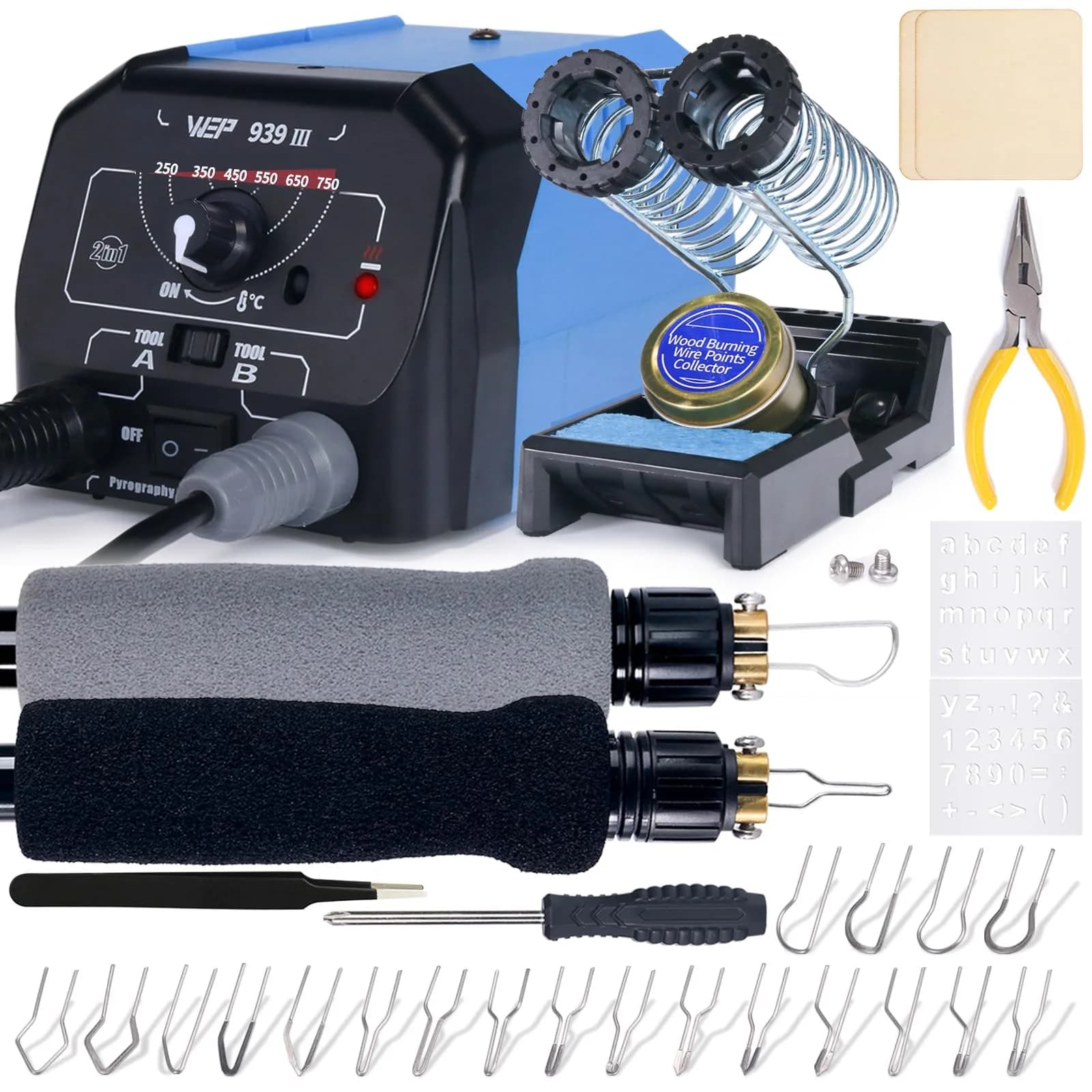 WEP 939-III Dual Pen Wood Burning Kit 34-in-1 | Professional Pyrography Tool with 20 Tips