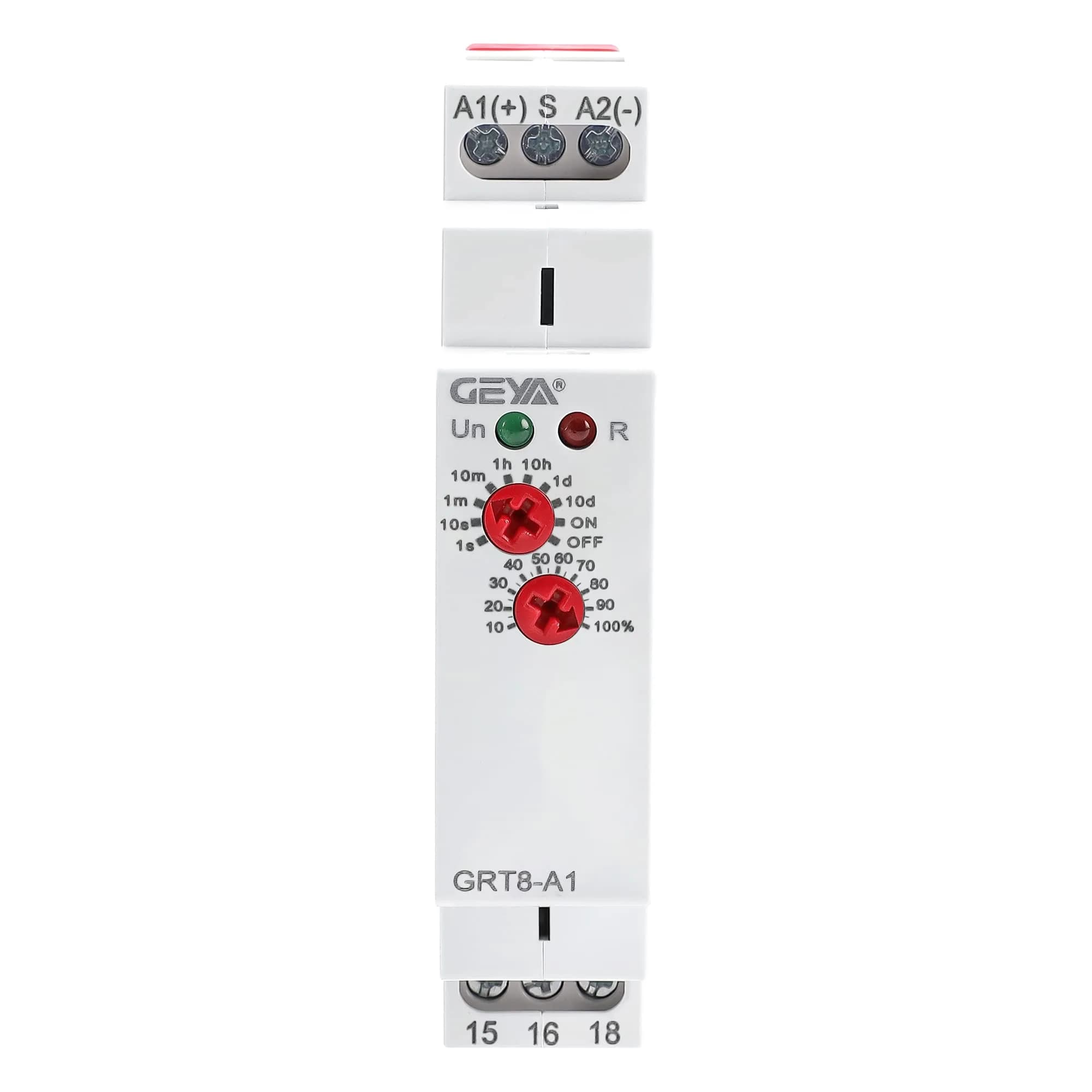 GEYA GRT8-A2 Single Function Time Delay Relay AC/DC12-240V | 16A Adjustable Power ON Timer with DIN Rail Mount — AC/DC12V-240V / GRT8-A1