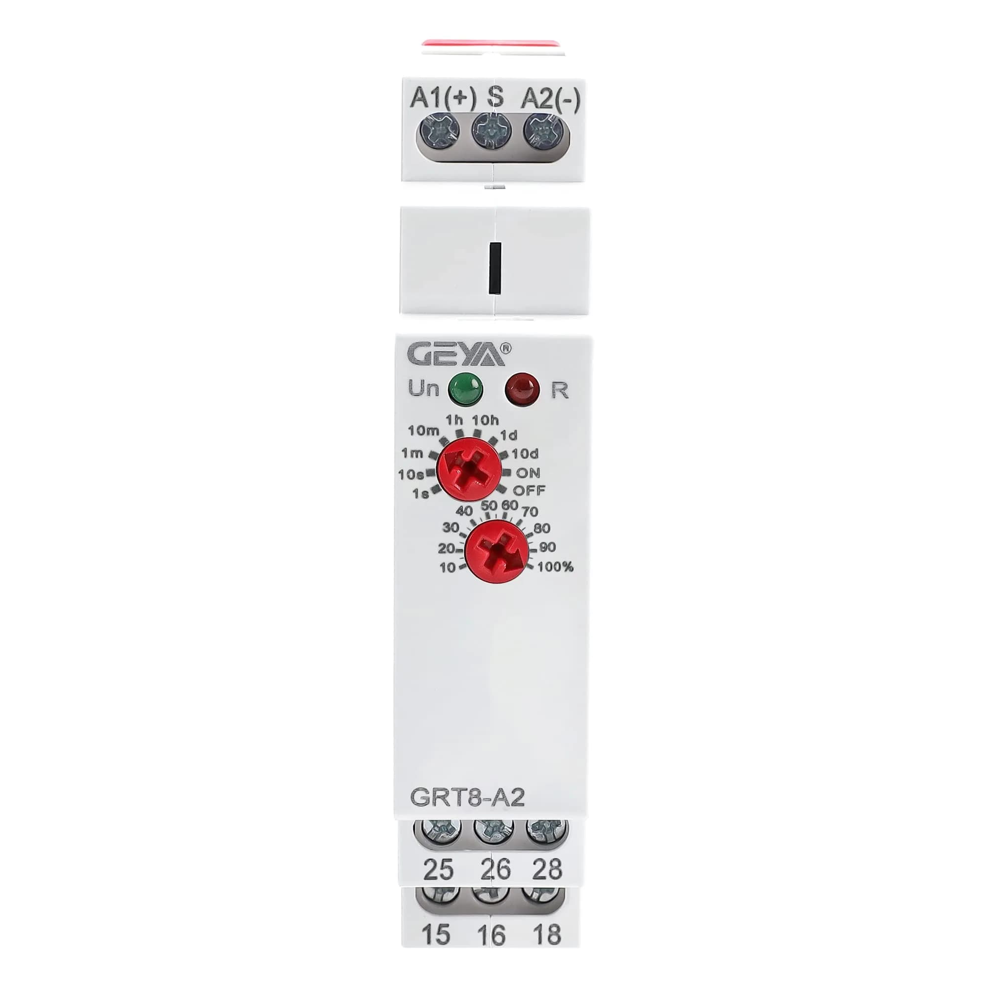 GEYA GRT8-A2 Single Function Time Delay Relay AC/DC12-240V | 16A Adjustable Power ON Timer with DIN Rail Mount — AC/DC12V-240V