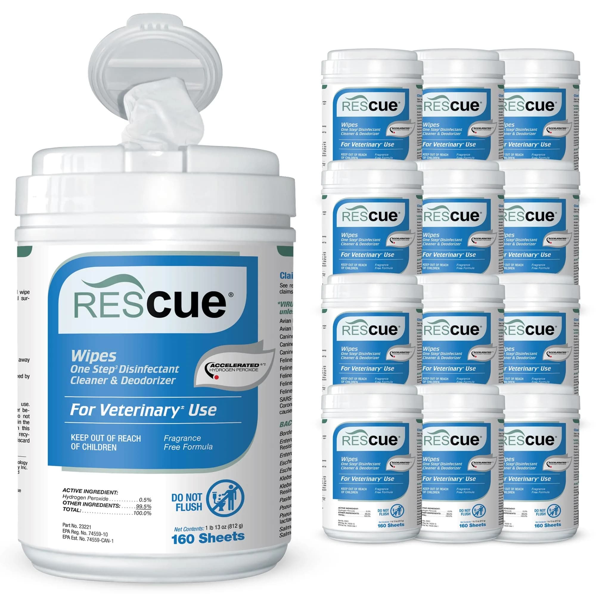 REScue Disinfectant Wipes 12 Pack | Fast-Acting, Safe for Pets & Humans, Eco-Friendly — Canister Wipes