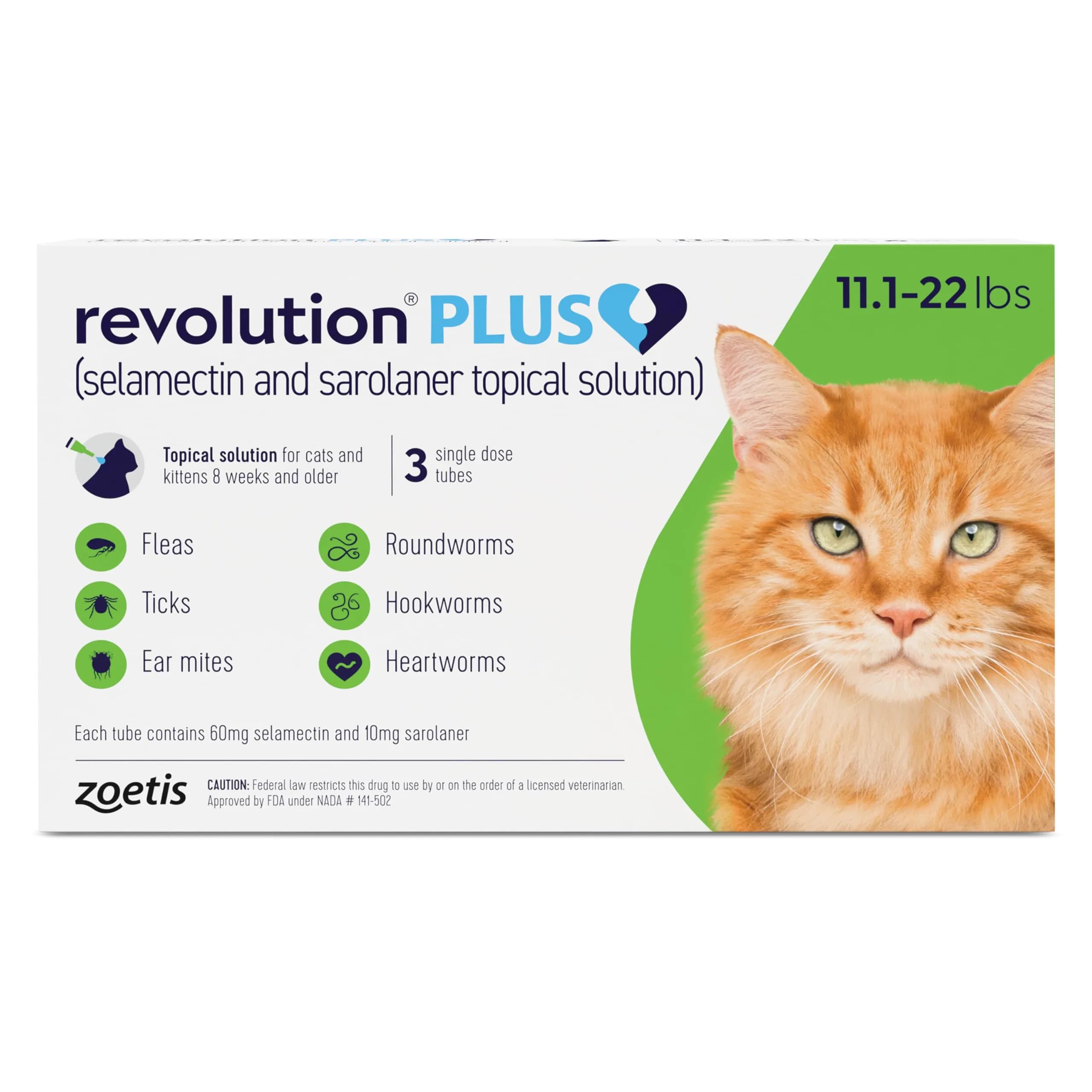 Revolution Plus Topical Solution for Cats 2.8-5.5 lbs | 7-in-1 Parasite Protection — 3 Tubes / 11.1-22 lbs