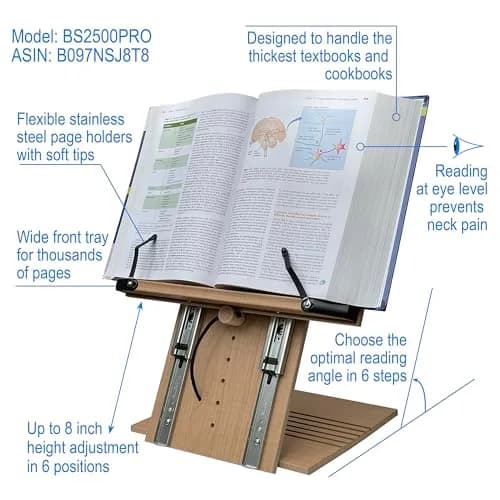 A+ BOOK STAND BS2500PRO XL Super Heavy Duty Book Stand 5.6 lb (2.54 kg) | Adjustable Height & Angle for Textbooks, Tablets, and Hands-Free Reading thumbnail 2