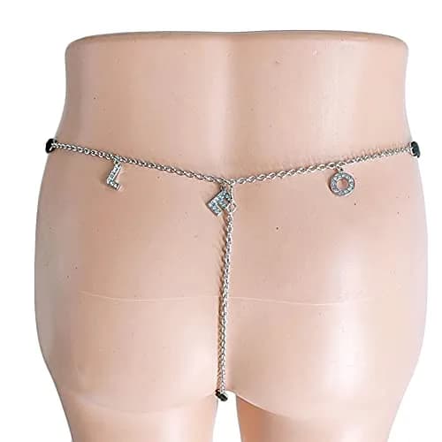 Guroenky Women Rhinestone G-Thong Panty Waist Chain | Sexy LEO Letter Body Chain thumbnail 3