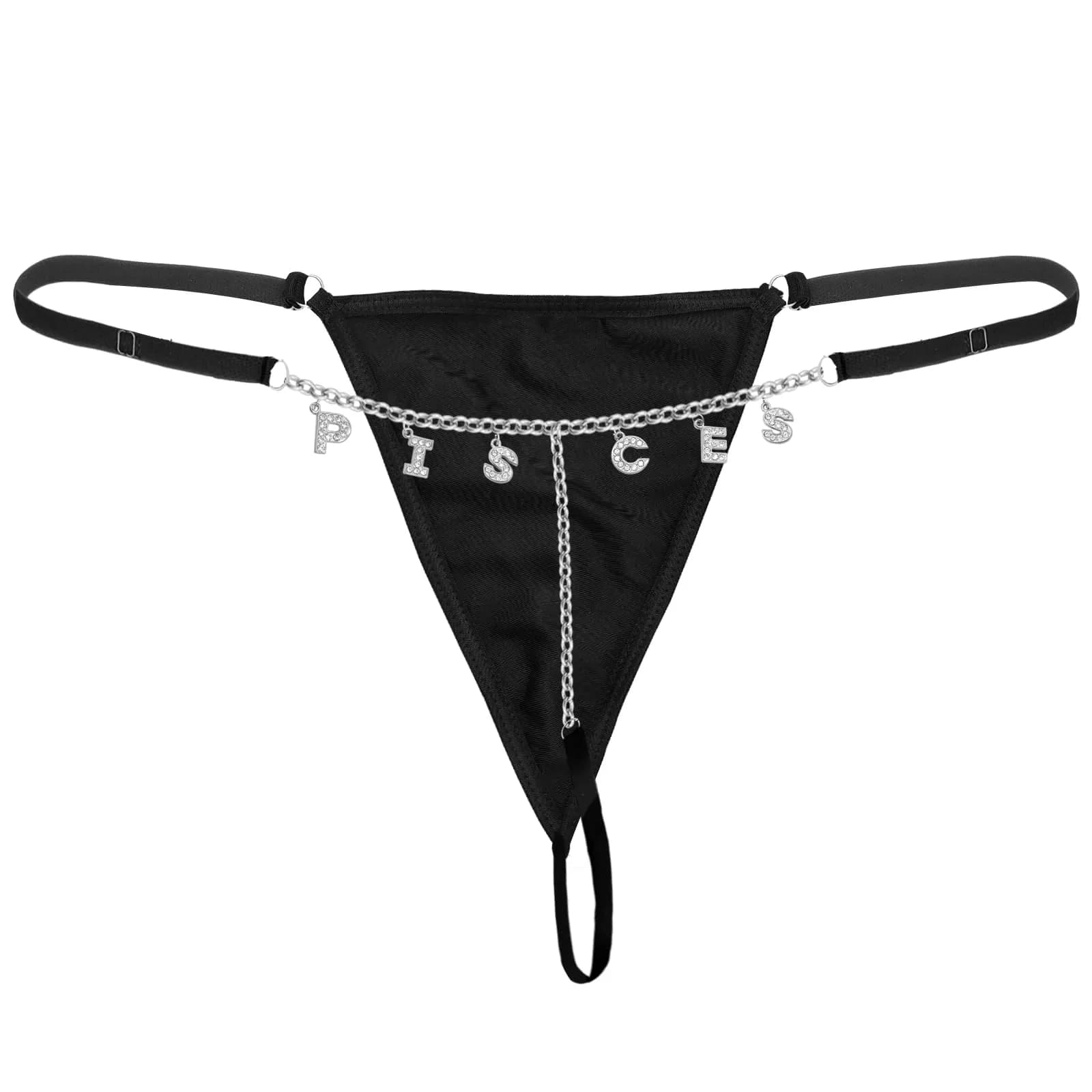 Guroenky Women Rhinestone 12 Constellation G-Thong | Adjustable Pisces Letter Underpants with Belly Chain — Pisces