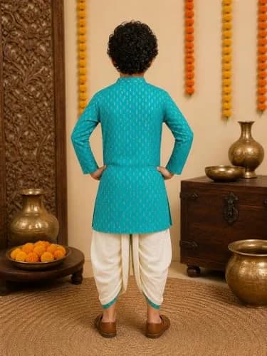 Superminis Boy's Cotton Kurta with Dhoti Set - Green, 12-18 Months | Golden Thread Work Ethnic Wear thumbnail 4