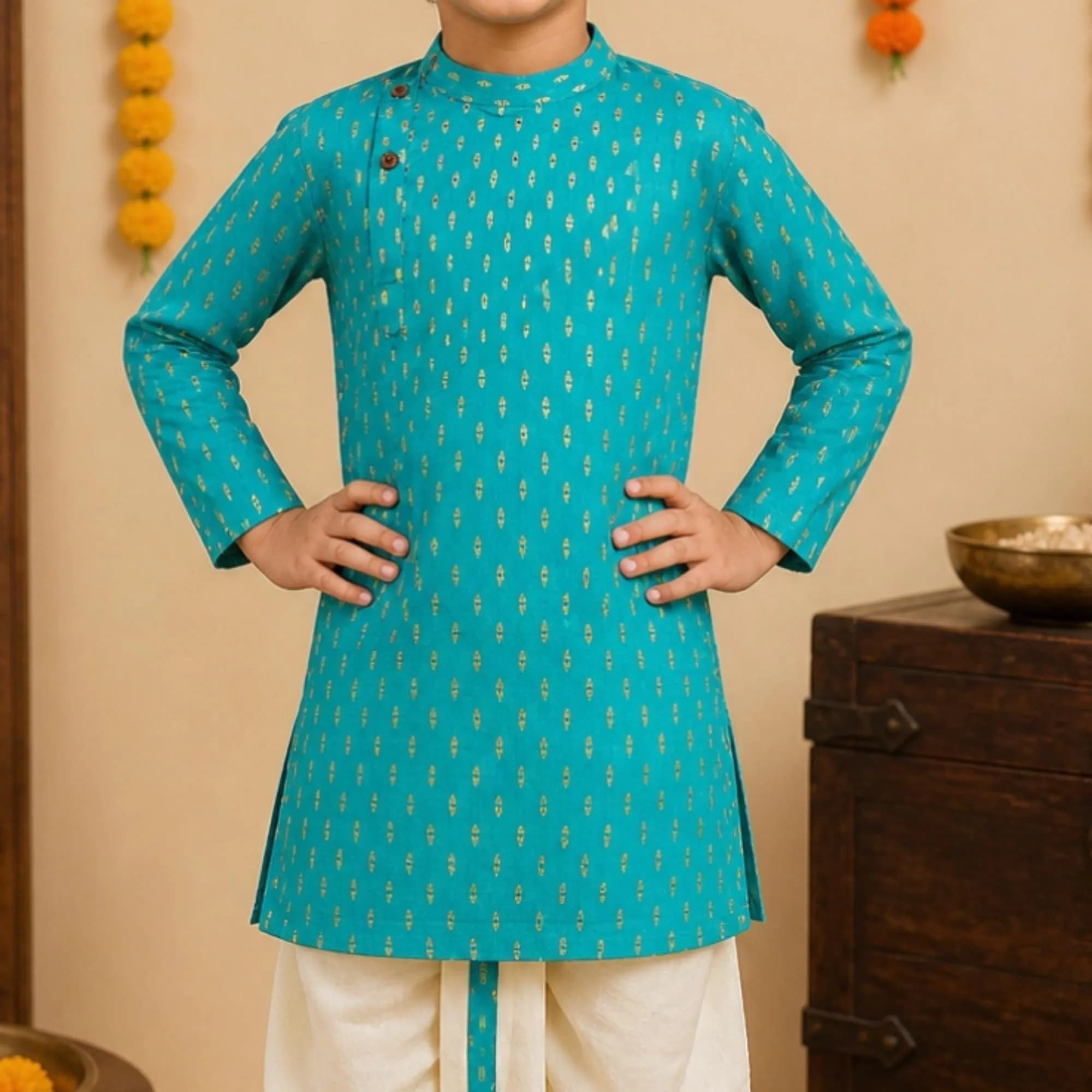 Superminis Boy's Cotton Kurta with Dhoti Set - Green, 12-18 Months | Golden Thread Work Ethnic Wear - view 5