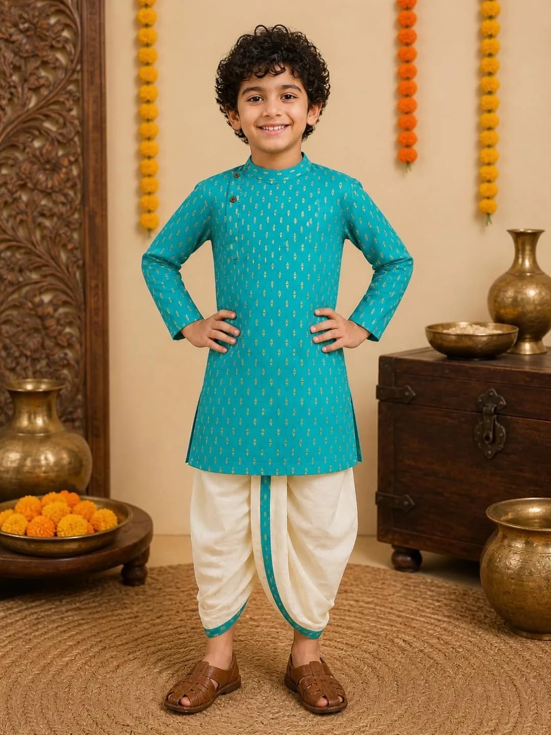 Superminis Boy's Cotton Kurta with Dhoti Set - Green, 12-18 Months | Golden Thread Work Ethnic Wear - view 2