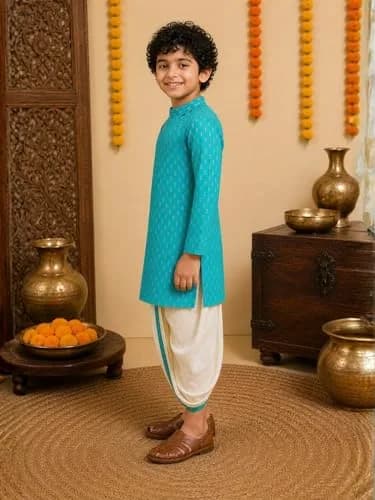 Superminis Boy's Cotton Kurta with Dhoti Set - Green, 12-18 Months | Golden Thread Work Ethnic Wear thumbnail 3