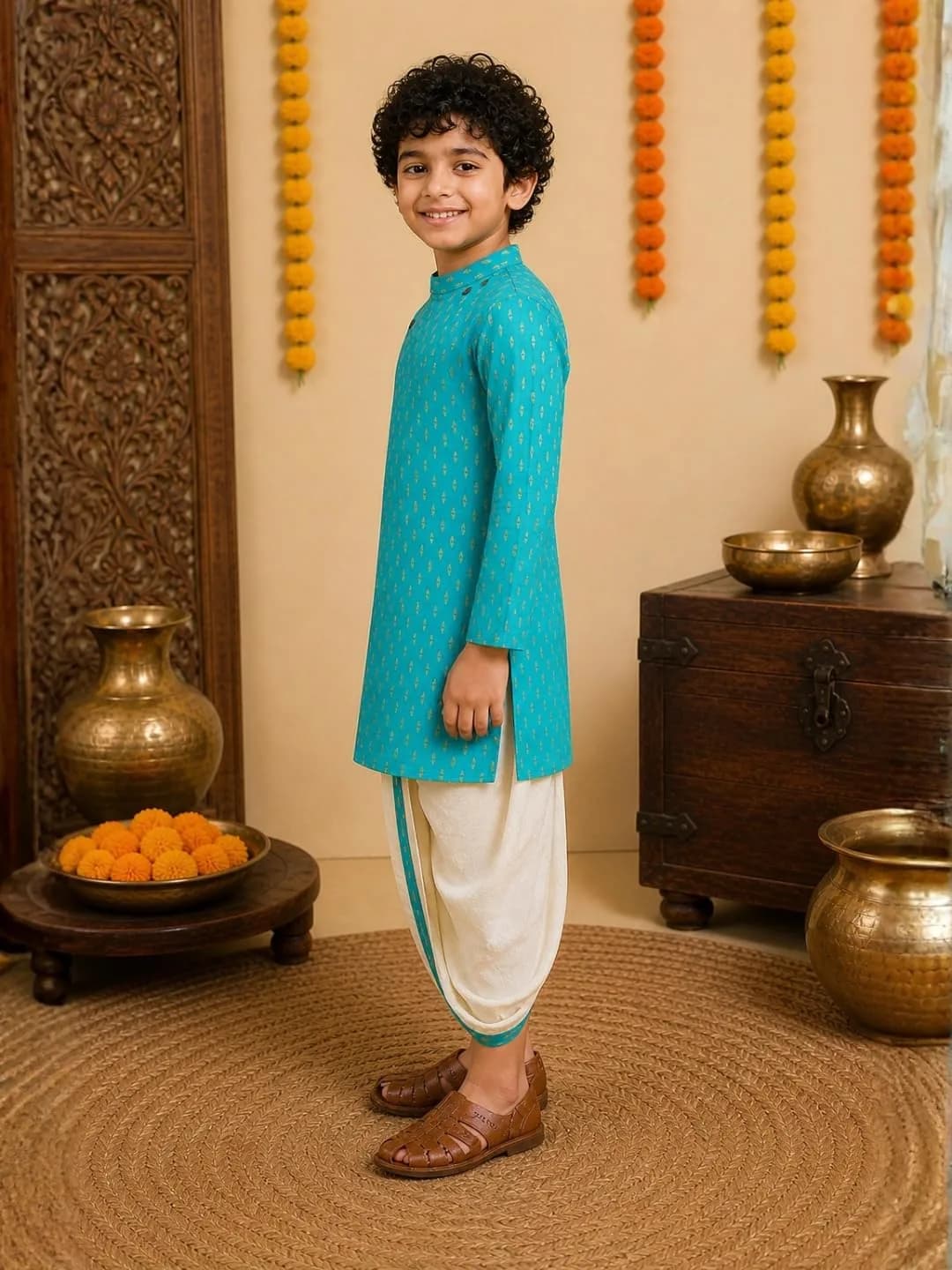 Superminis Boy's Cotton Kurta with Dhoti Set - Green, 12-18 Months | Golden Thread Work Ethnic Wear - view 3