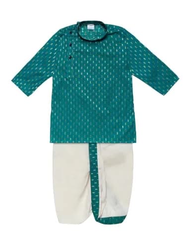 Superminis Boy's Cotton Kurta with Dhoti Set - Golden Thread Work, Round Collar, Side Button Ethnic Wear (Green, 3-6 Months) thumbnail 1