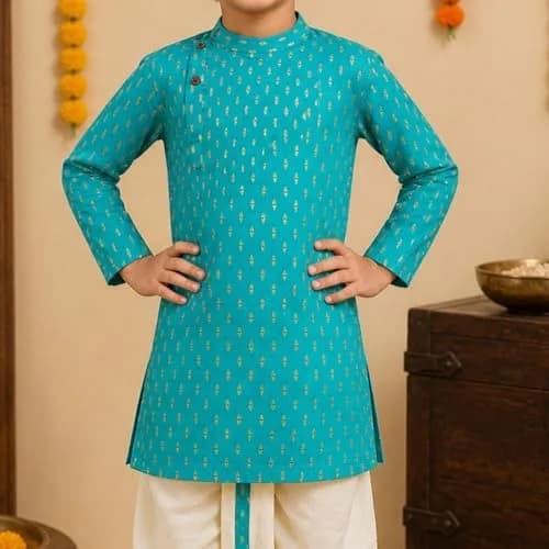 Superminis Boy's Cotton Kurta with Dhoti Set - Golden Thread Work, Round Collar, Side Button Ethnic Wear (Green, 3-6 Months) thumbnail 5