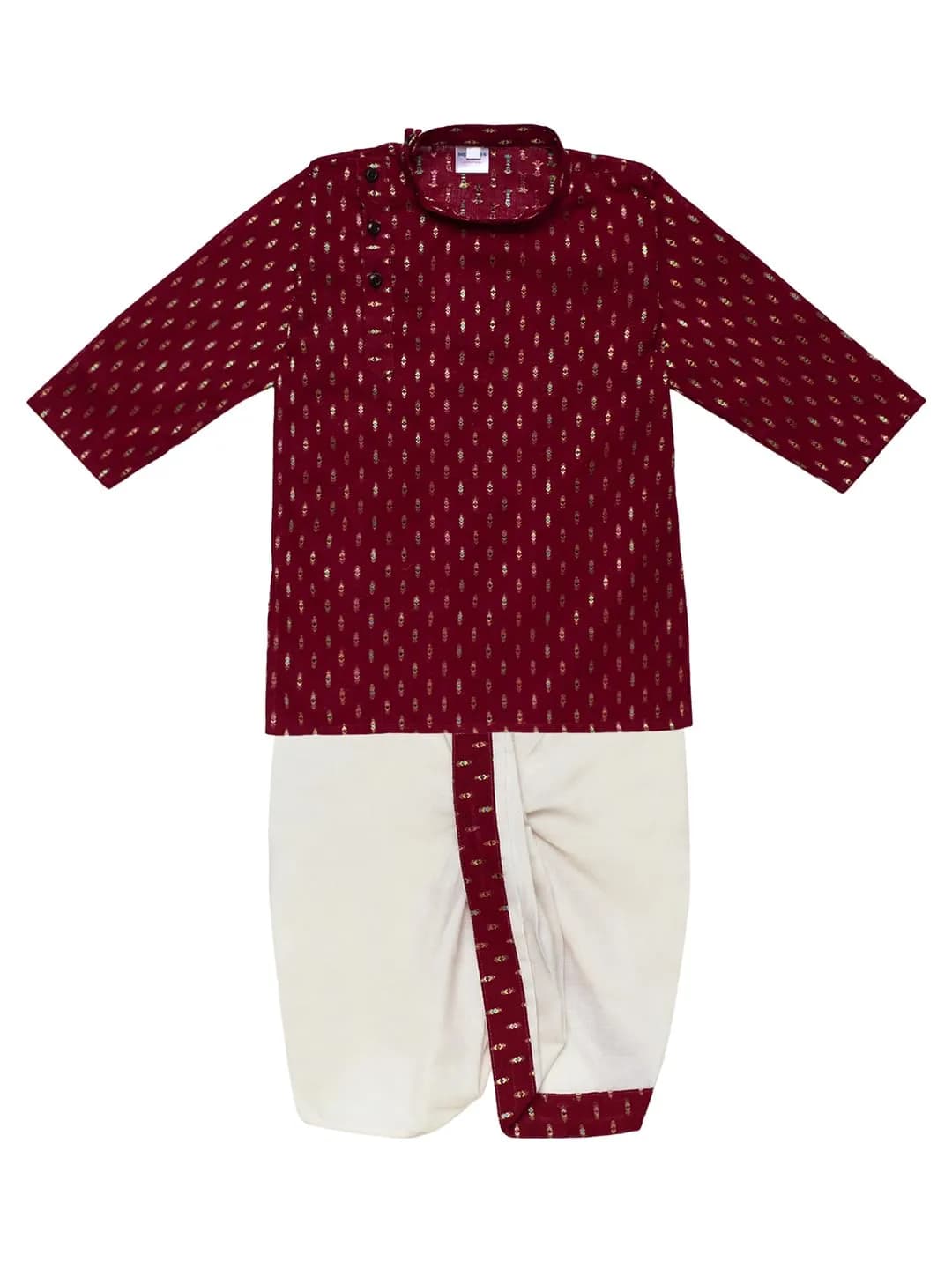 Superminis Boy's Cotton Kurta with Dhoti Set - Golden Thread Work, Round Collar, Side Button Kurta Set for Ethnic Wear (Maroon, 3-4 Years)