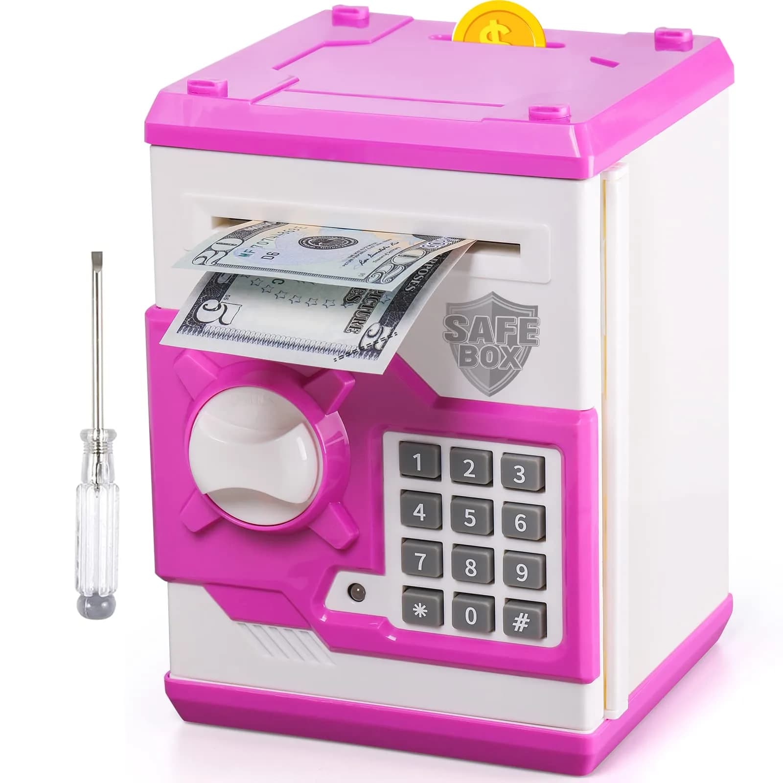 Vcertcpl ATM Piggy Bank for Boys Girls, Mini ATM Coin Bank Money Saving Box with Password, Kids Safe Money Jar for Adults with Auto Grab Bill Slot, Great Gift Toy Bank For Kids (Purple White) (1 Unit) - main product image