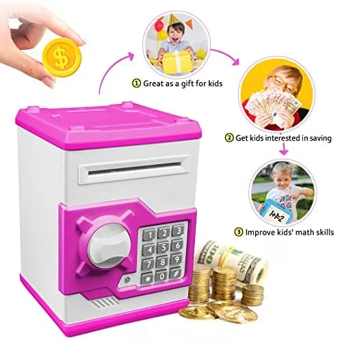 Vcertcpl ATM Piggy Bank for Boys Girls, Mini ATM Coin Bank Money Saving Box with Password, Kids Safe Money Jar for Adults with Auto Grab Bill Slot, Great Gift Toy Bank For Kids (Purple White) (1 Unit) thumbnail 5