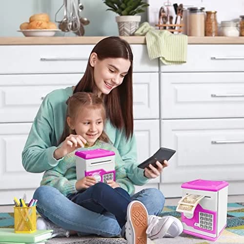 Vcertcpl ATM Piggy Bank for Boys Girls, Mini ATM Coin Bank Money Saving Box with Password, Kids Safe Money Jar for Adults with Auto Grab Bill Slot, Great Gift Toy Bank For Kids (Purple White) (1 Unit) thumbnail 7