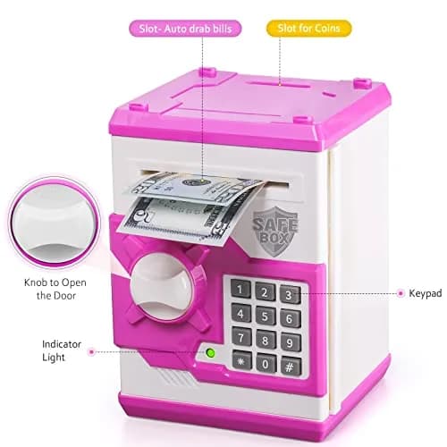 Vcertcpl ATM Piggy Bank for Boys Girls, Mini ATM Coin Bank Money Saving Box with Password, Kids Safe Money Jar for Adults with Auto Grab Bill Slot, Great Gift Toy Bank For Kids (Purple White) (1 Unit) thumbnail 3
