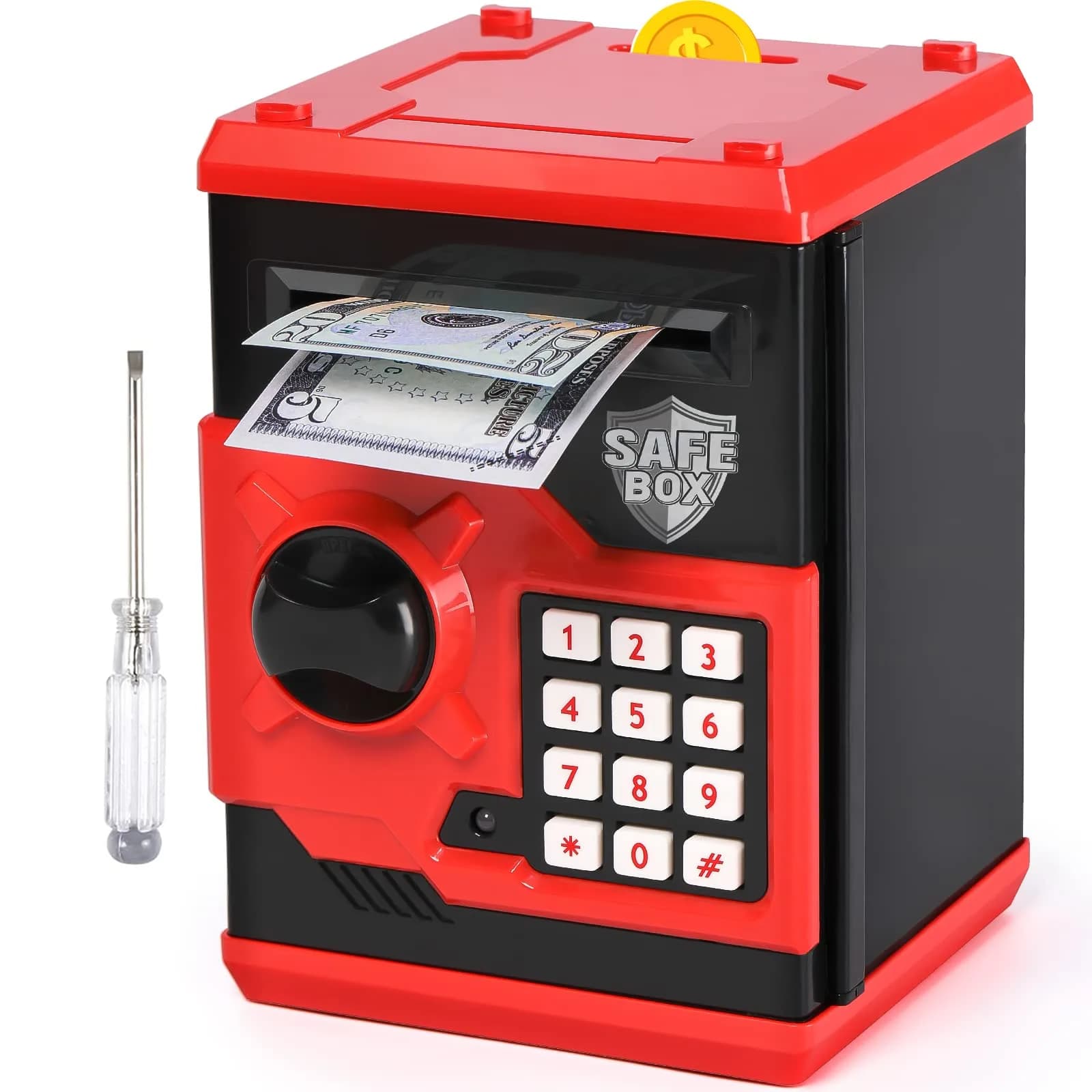 Vcertcpl Mini ATM Coin Bank Money Saving Box with Password | Kids Safe Money Jar for Boys Girls (Red+Black) — Red