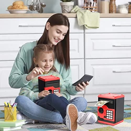 Vcertcpl Mini ATM Coin Bank Money Saving Box with Password | Kids Safe Money Jar for Boys Girls (Red+Black) thumbnail 7
