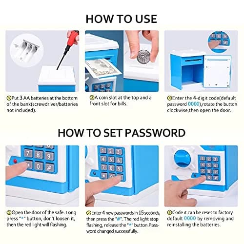 Vcertcpl ATM Piggy Bank for Boys Girls | Safe Coin Bank with Password, Large Capacity, Blue thumbnail 8