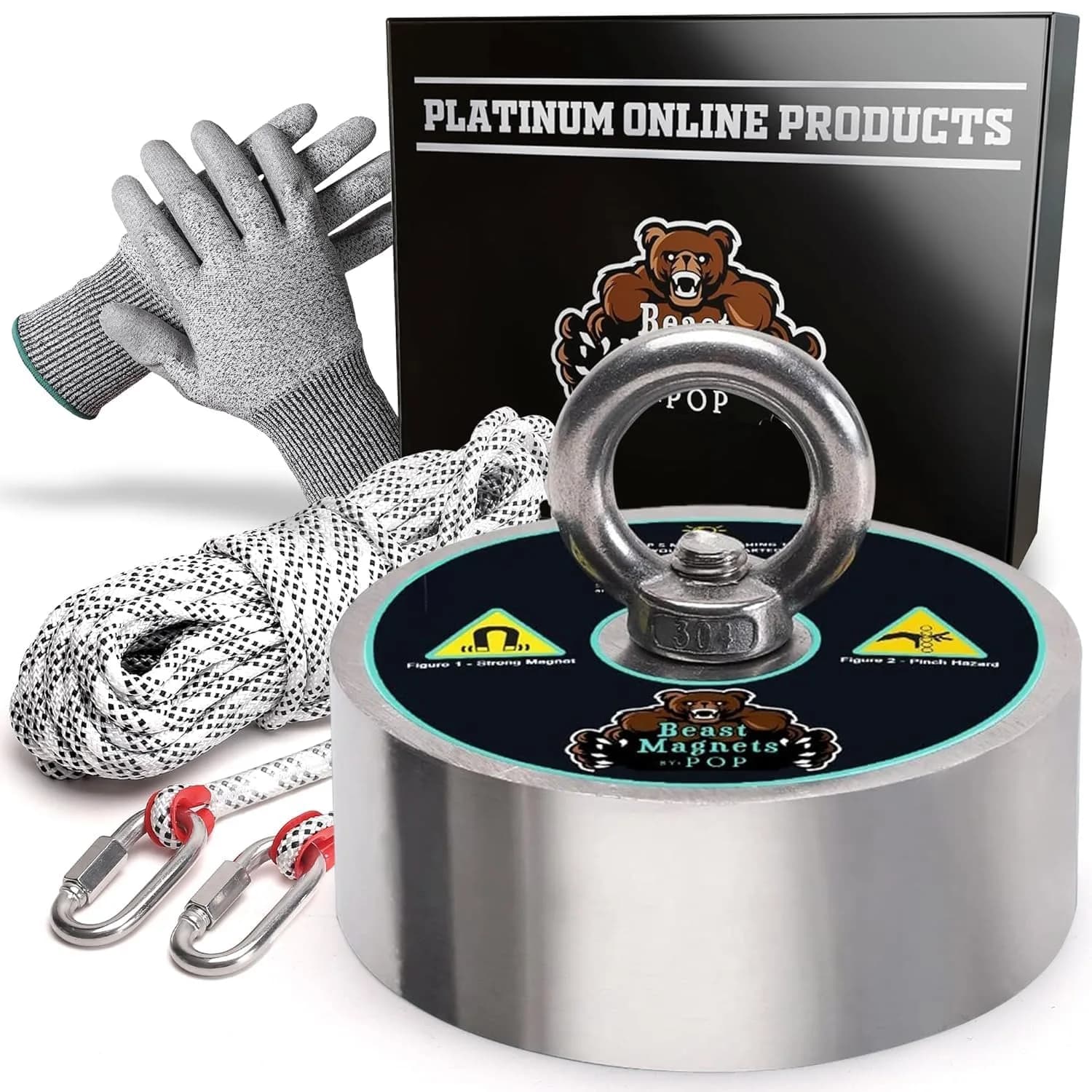 Platinum online products 3000lb Complete 360 Degree Magnet Fishing Kit | Heavy Duty Neodymium Magnet with 65ft Rope & Gloves