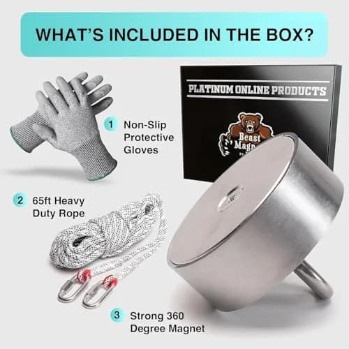 Platinum online products 3000lb Complete 360 Degree Magnet Fishing Kit | Heavy Duty Neodymium Magnet with 65ft Rope & Gloves thumbnail 3