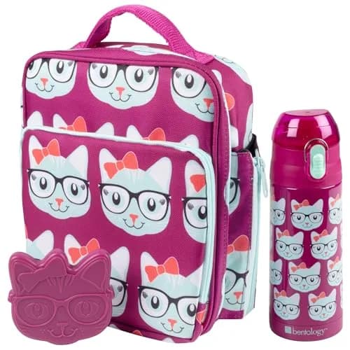 Bentology Kitty Cat Insulated Lunch Bag Set with Water Bottle & Ice Pack - 10 x 8 x 3.5 inches thumbnail 1