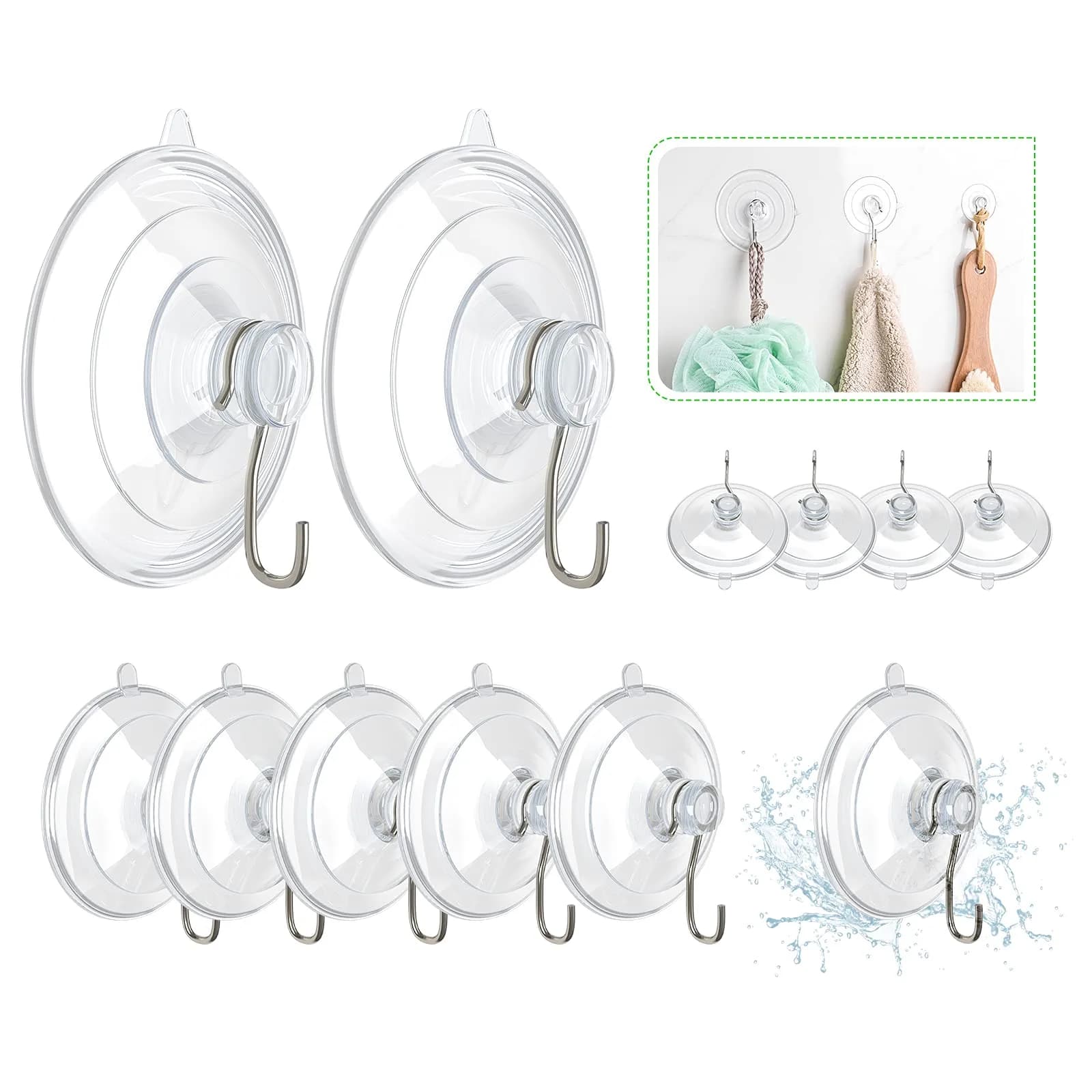 Hangerspace Suction Cup Hooks, 12 Pack | Clear PVC & Stainless Steel, Reusable, Waterproof, 2 Large, 6 Medium, 4 Small