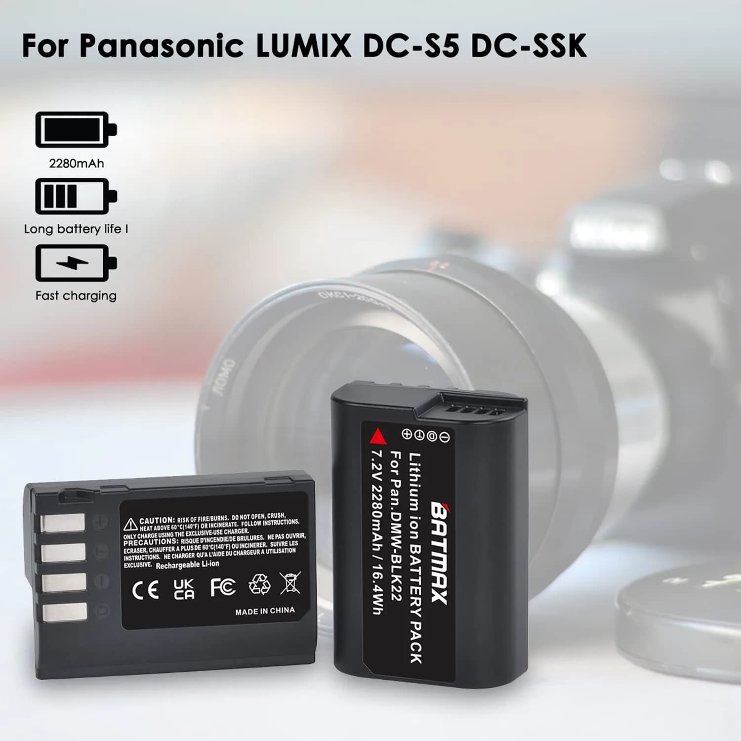 Batmax DMW-BLK22 Battery 2280mAh (7.2V) & Dual USB Charger Set | CE Certified for Panasonic Lumix DC-S5, GH6, GH5 II - view 3