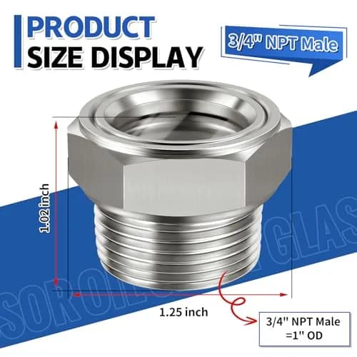 Boltigen 3/4" NPT Male Hex Head Stainless Steel Oil Sight Glass Liquid Level Gauge | 800 PSI Pressure Rated thumbnail 3