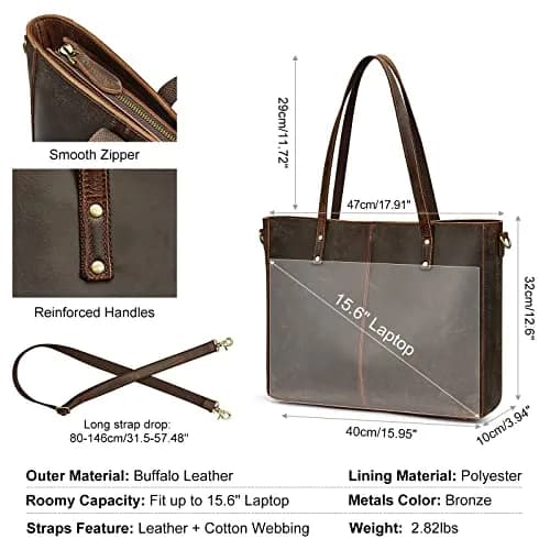 S-ZONE Genuine Leather Shoulder Tote Bag for Women Large Handbag Work Purse | Vintage Cowhide, 15.6" Laptop Fit thumbnail 3