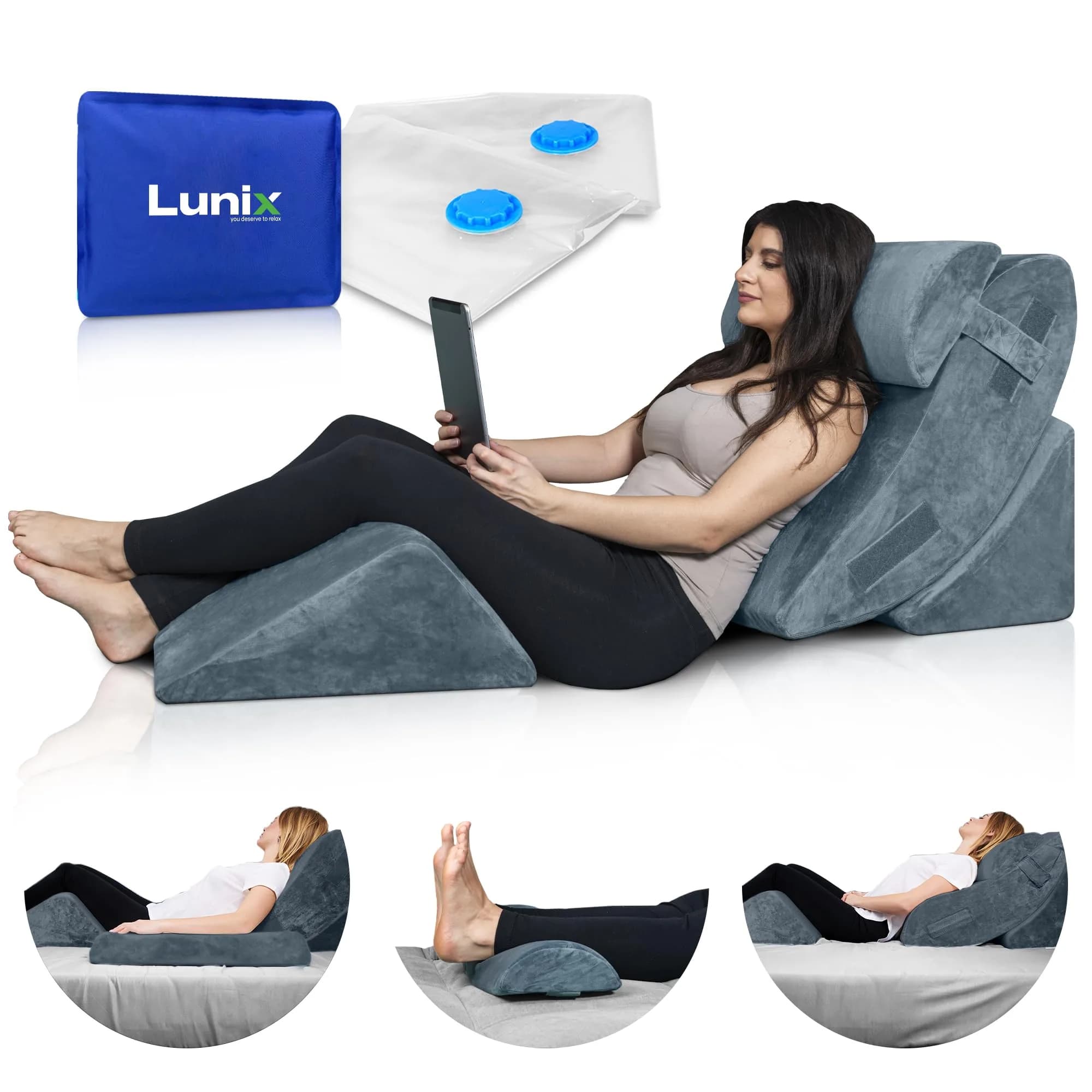 Lunix LX5 4pc Orthopedic Bed Wedge Pillow Set for Abdominal Surgery Recovery | Semi-Upright Position Support