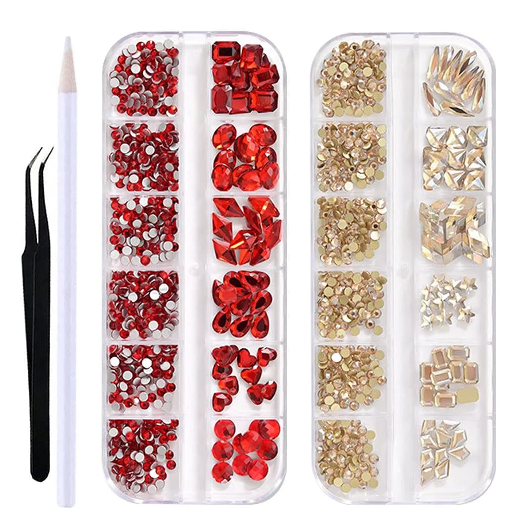 WOKOTO Champagne & Red Nail Rhinestones Set with Tools | Flat Back Glass Crystals for Acrylic Nails (2 Boxes + Tools) — Champagne+Red