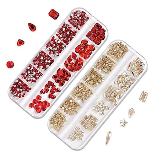 WOKOTO Champagne & Red Nail Rhinestones Set with Tools | Flat Back Glass Crystals for Acrylic Nails (2 Boxes + Tools) thumbnail 5