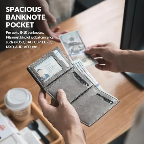VULKIT Card Holder Wallet with Coin Pocket Magnetic Closure Pop Up Cards With ID Window Leather Wallet for Cash & Credit Cards, Grey | RFID Blocking Leather Wallet for Men thumbnail 4