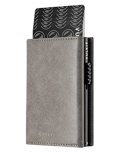 VULKIT Card Holder Wallet with Coin Pocket Magnetic Closure Pop Up Cards With ID Window Leather Wallet for Cash & Credit Cards, Grey | RFID Blocking Leather Wallet for Men thumbnail 1