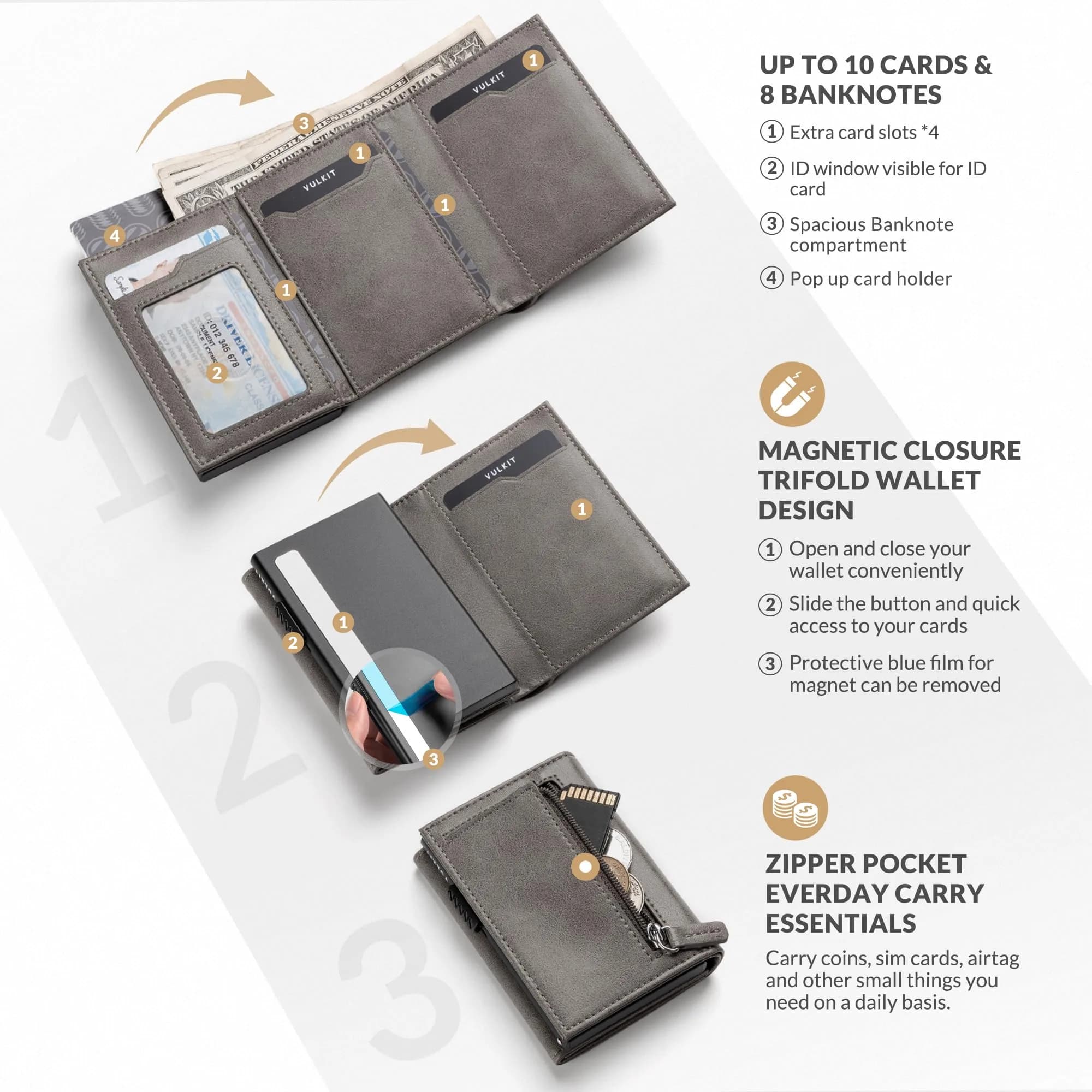 VULKIT Card Holder Wallet with Coin Pocket Magnetic Closure Pop Up Cards With ID Window Leather Wallet for Cash & Credit Cards, Grey | RFID Blocking Leather Wallet for Men - view 2