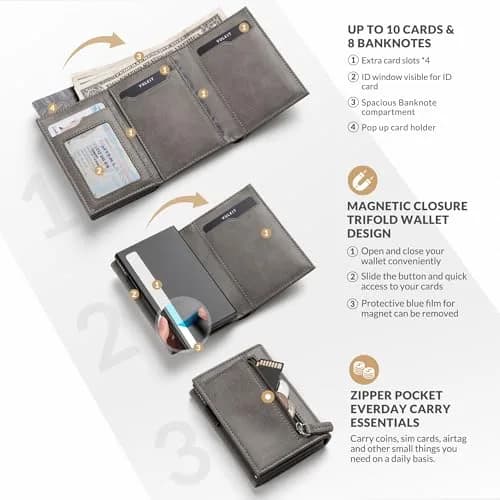 VULKIT Card Holder Wallet with Coin Pocket Magnetic Closure Pop Up Cards With ID Window Leather Wallet for Cash & Credit Cards, Grey | RFID Blocking Leather Wallet for Men thumbnail 2